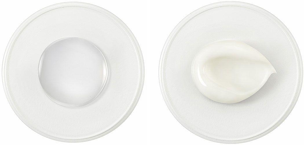 Texture comparison of innisfree skincare products on plates, demonstrating the smooth and creamy consistency.